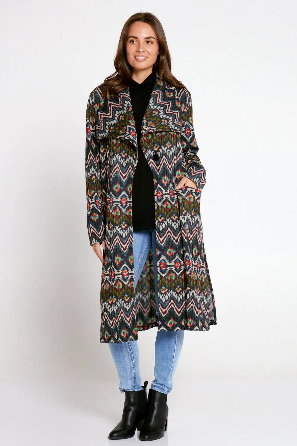 Lara Fleece Trench Coat - Navy Aztec