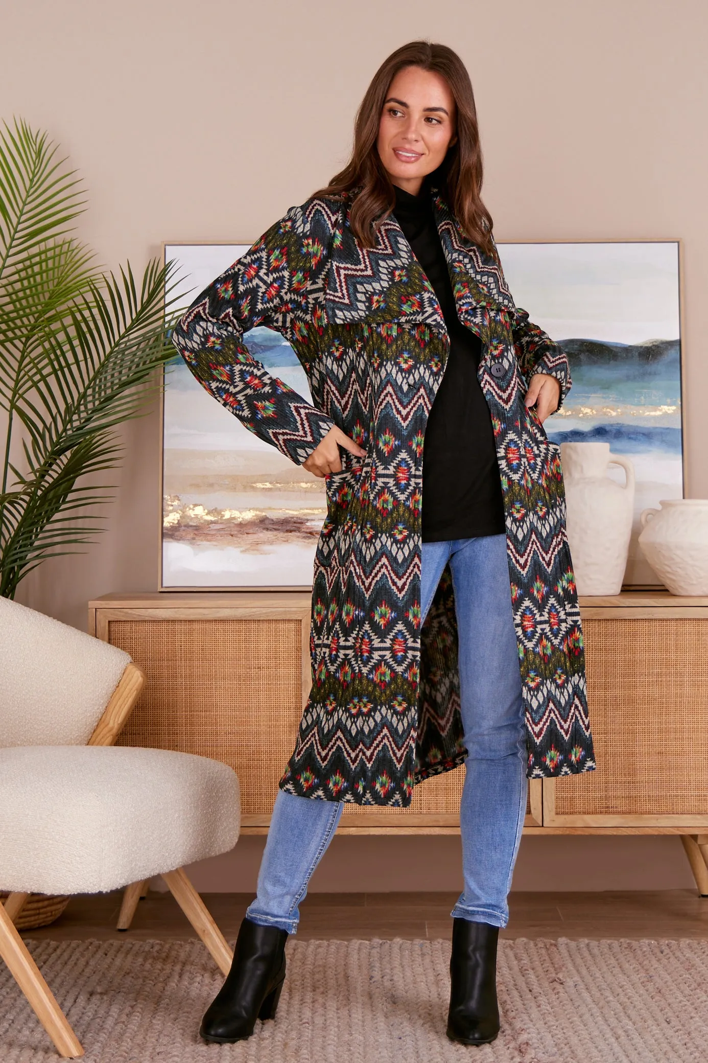 Lara Fleece Trench Coat - Navy Aztec