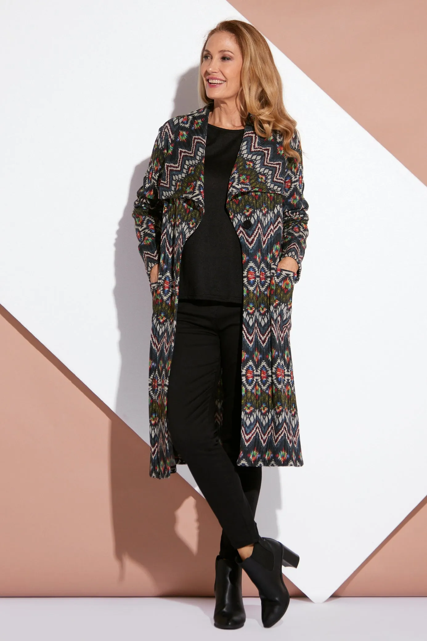 Lara Fleece Trench Coat - Navy Aztec