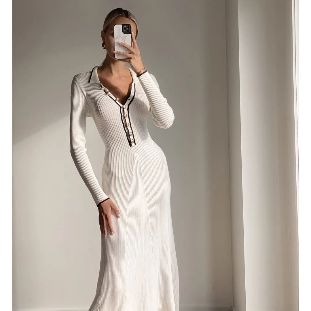 LYRA Ivory Long Sleeve Flowy Fitted Midi Knit Dress