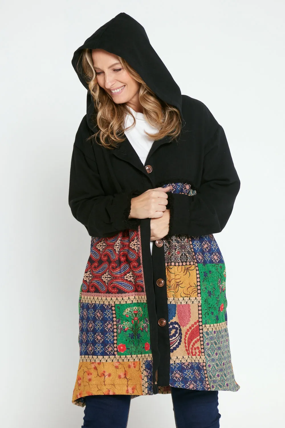 Maggie Chenille Knit & Canvas Coat - Mosaic Patchwork