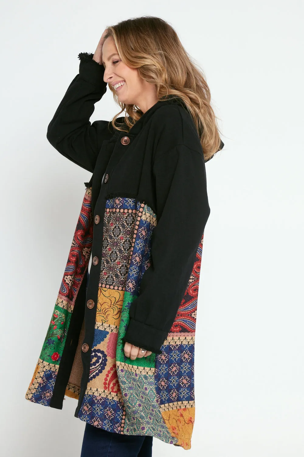 Maggie Chenille Knit & Canvas Coat - Mosaic Patchwork