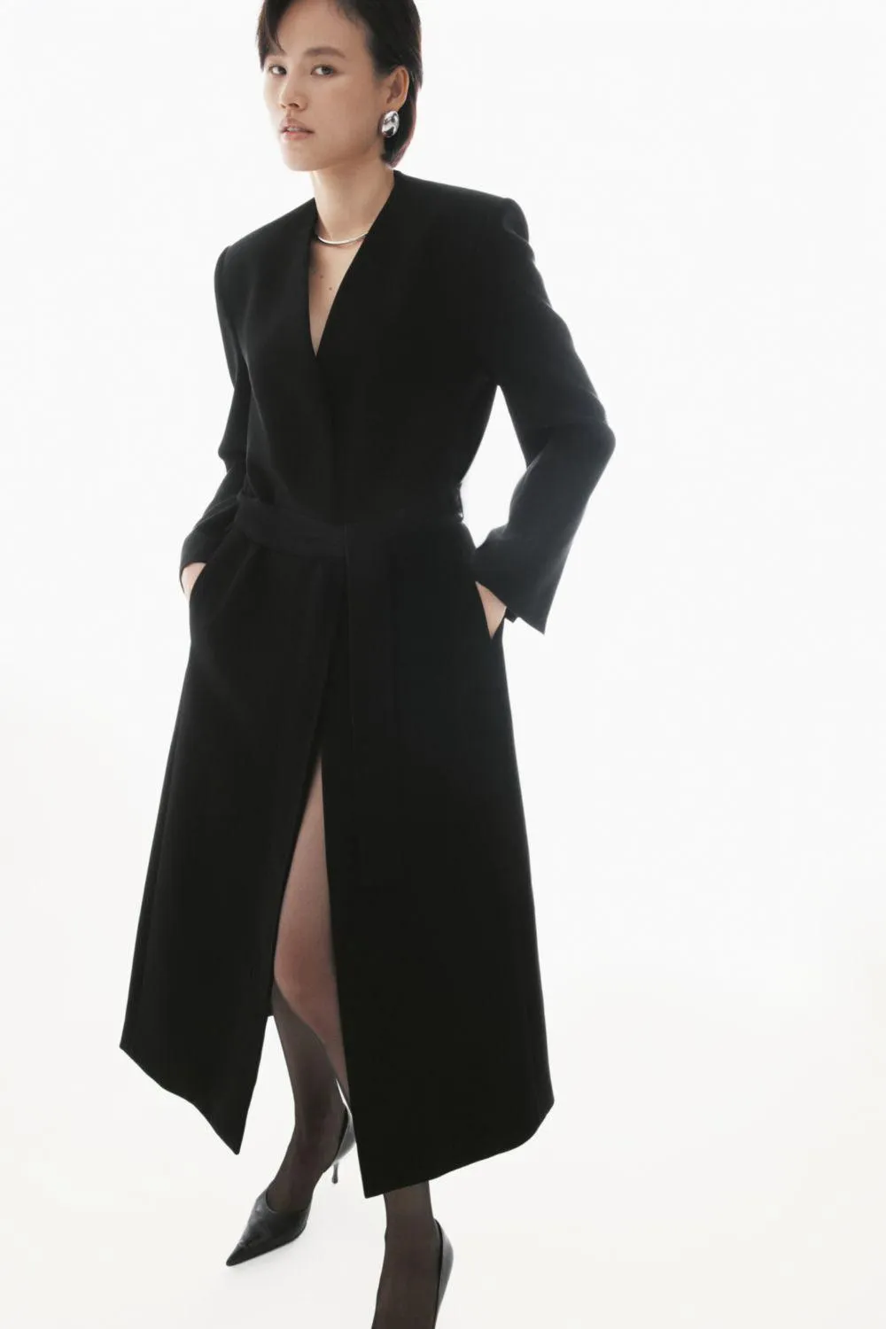 Malena Straight V-Neck Crepe Calf Length Trench Coat