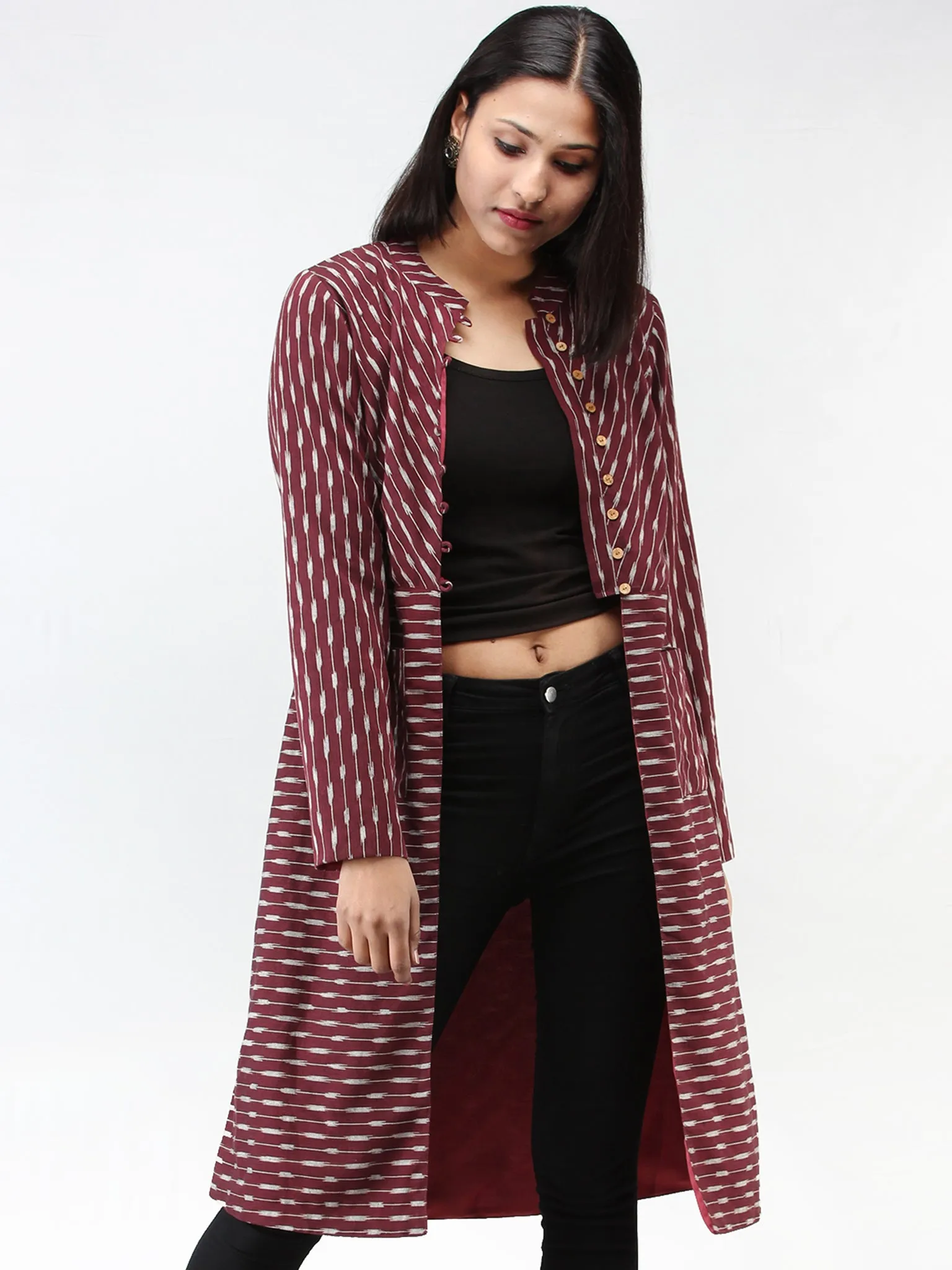 Maroon Grey Hand Woven Ikat Long Jacket With Stand Collar - J06FXXX