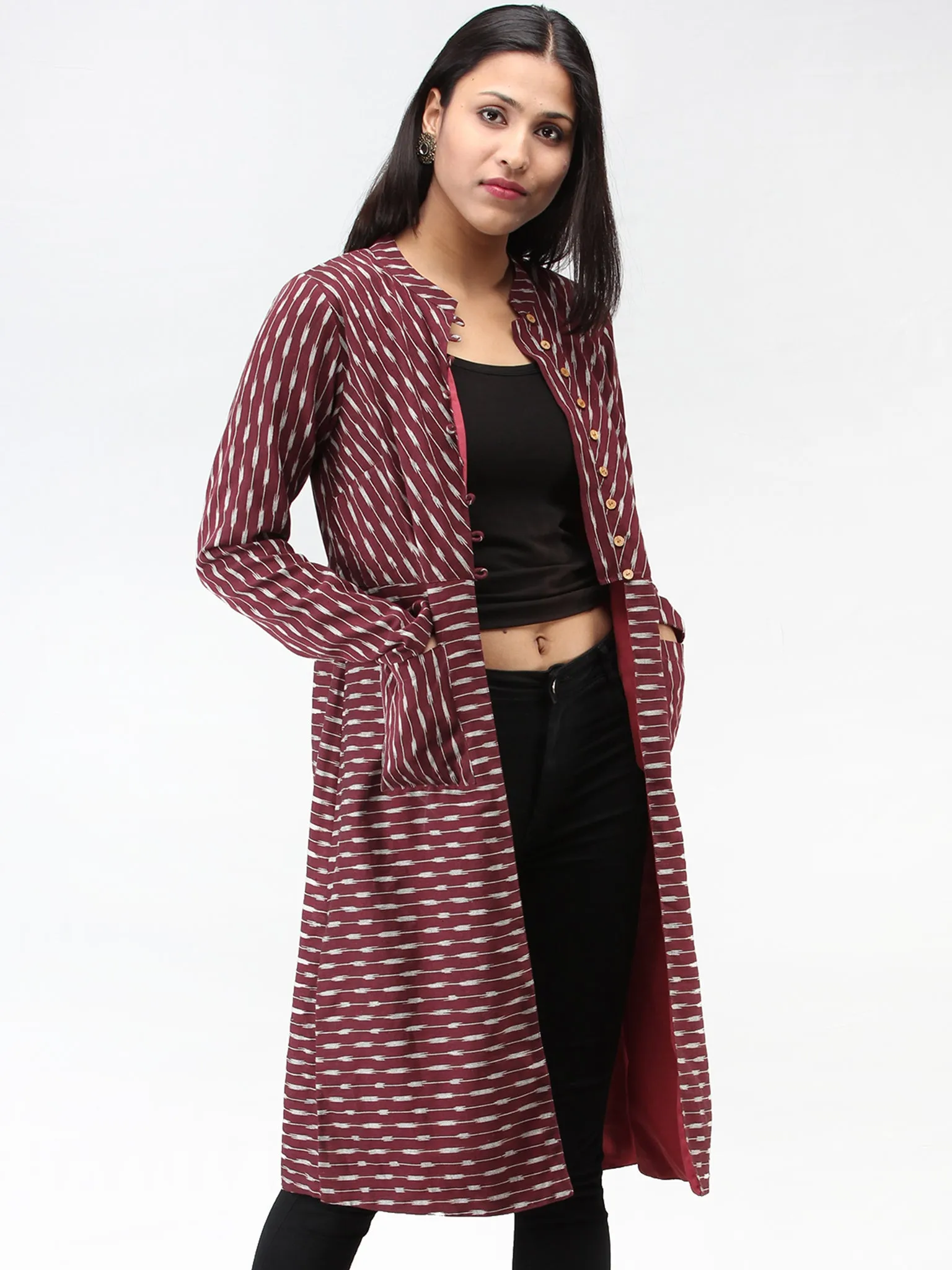 Maroon Grey Hand Woven Ikat Long Jacket With Stand Collar - J06FXXX