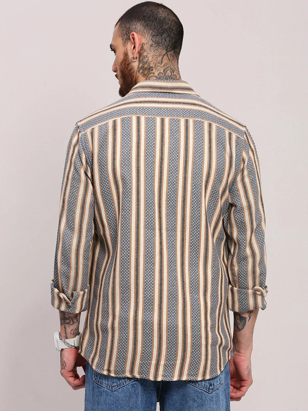 Men Beige Striped Slim Fit Shacket