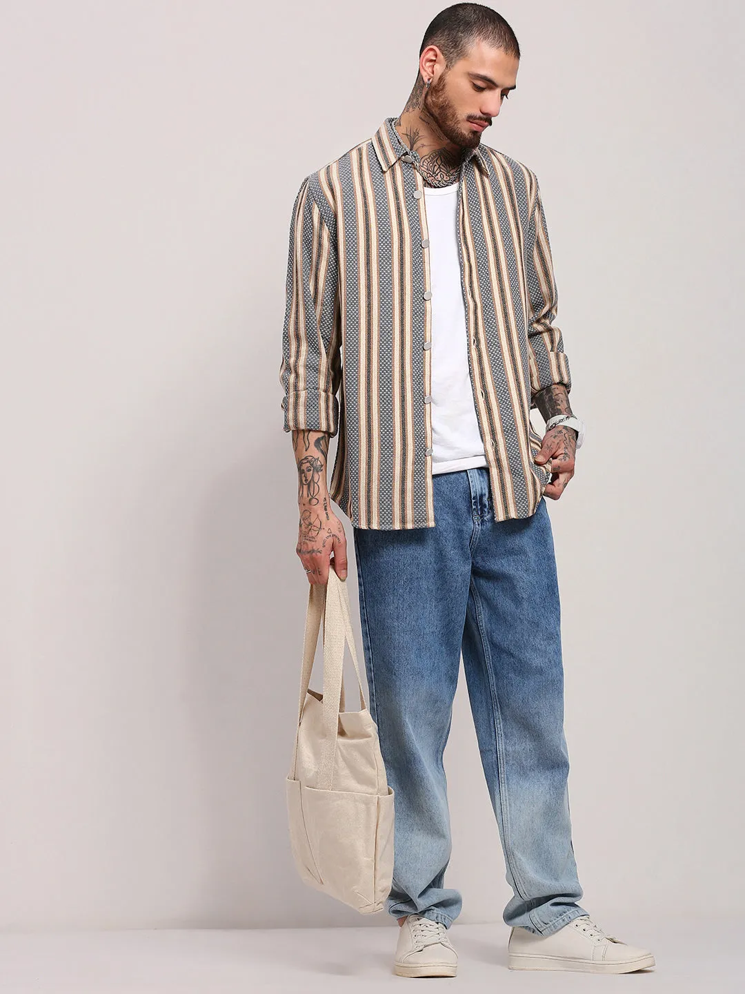 Men Beige Striped Slim Fit Shacket