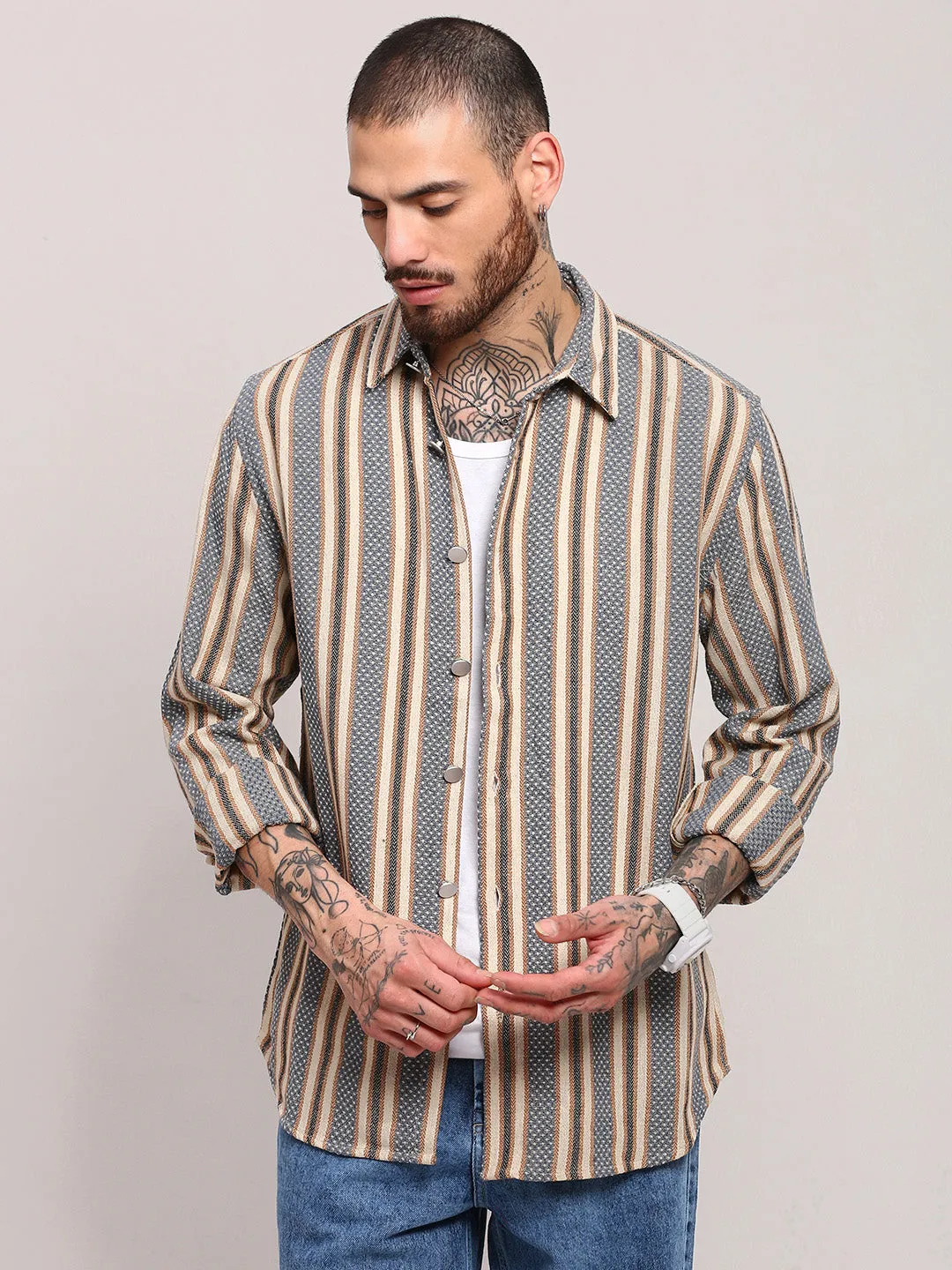 Men Beige Striped Slim Fit Shacket