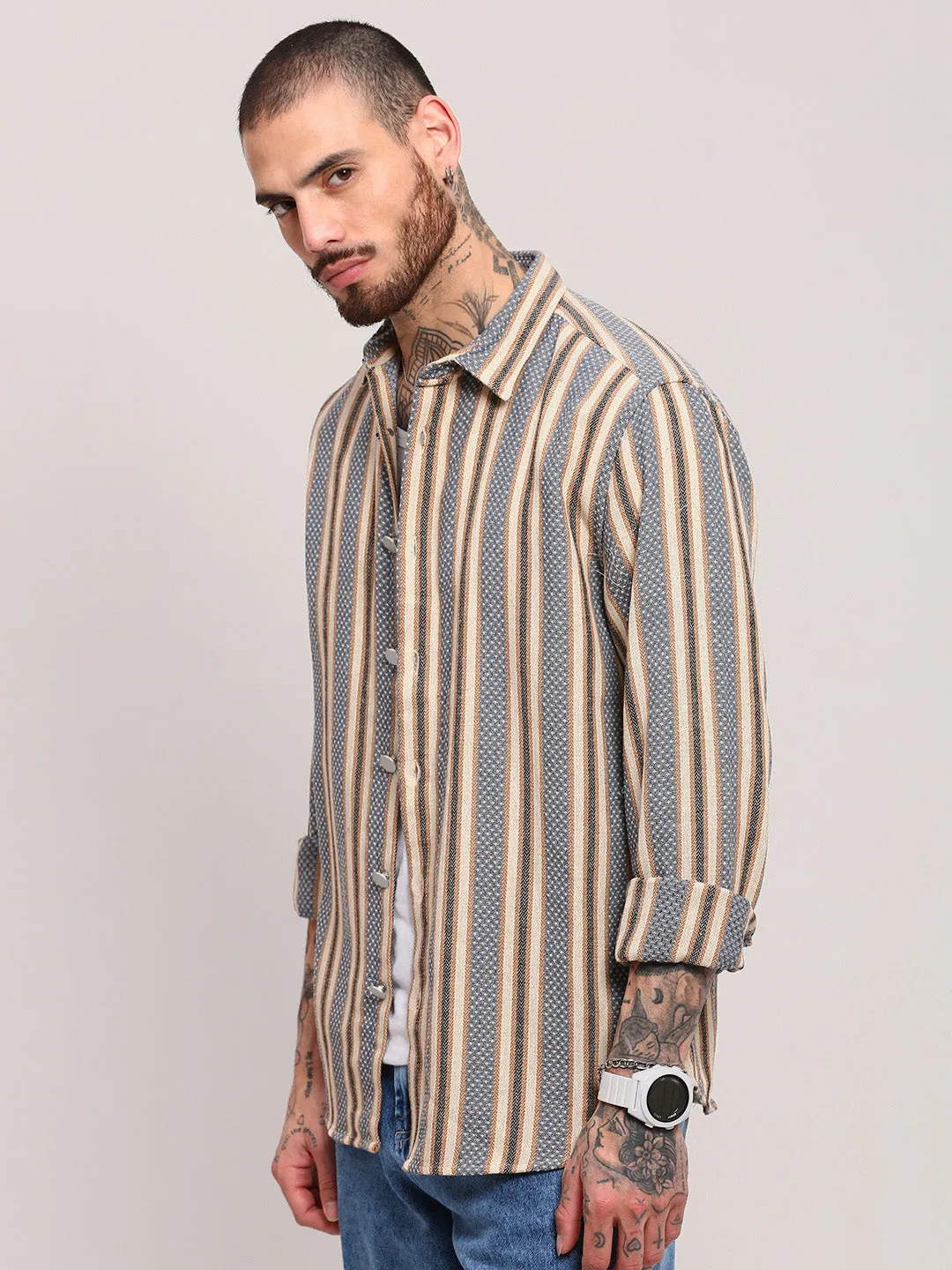 Men Beige Striped Slim Fit Shacket