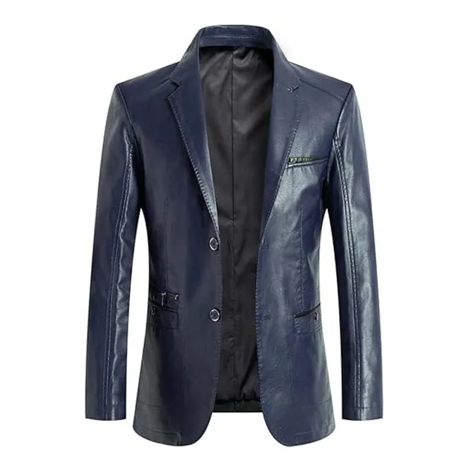 Men's Casual Notch Lapel Double Button Leather Blazer