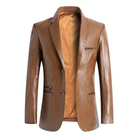 Men's Casual Notch Lapel Double Button Leather Blazer