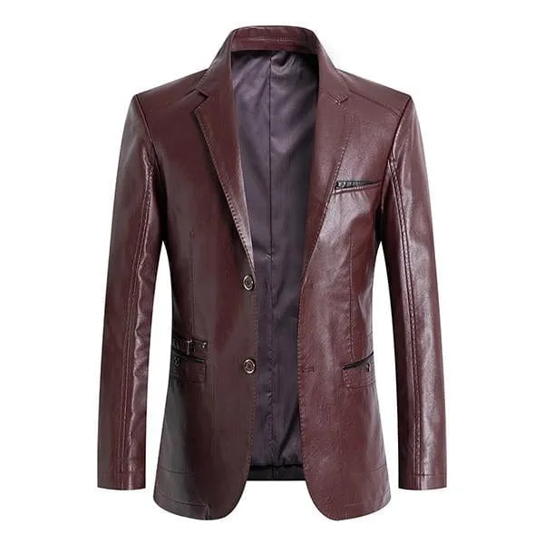 Men's Casual Notch Lapel Double Button Leather Blazer