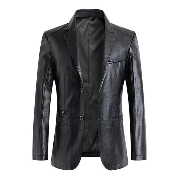 Men's Casual Notch Lapel Double Button Leather Blazer