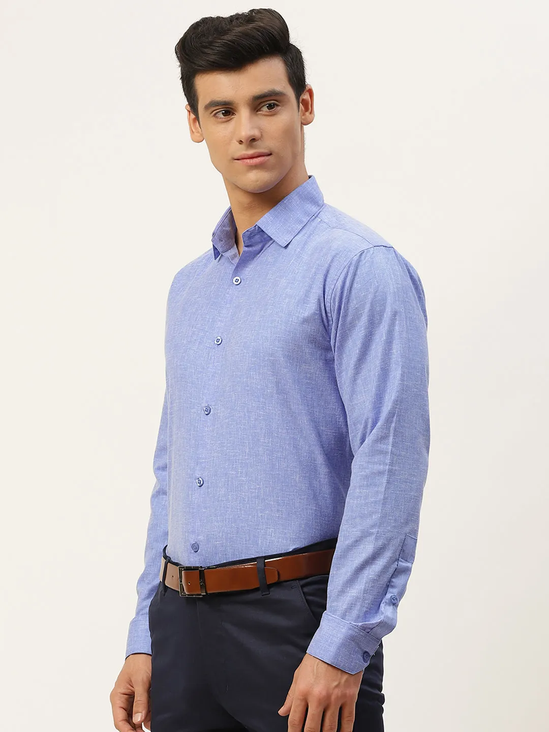 Mens Cotton Linen Blue Solid Formal Shirt - Sojanya