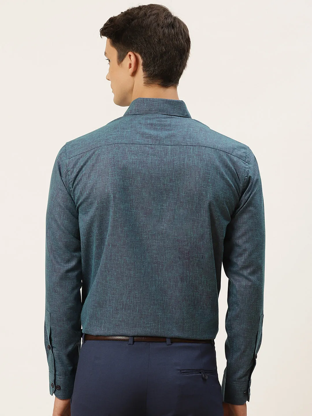 Mens Cotton Linen Teal Blue Solid Formal Shirt - Sojanya