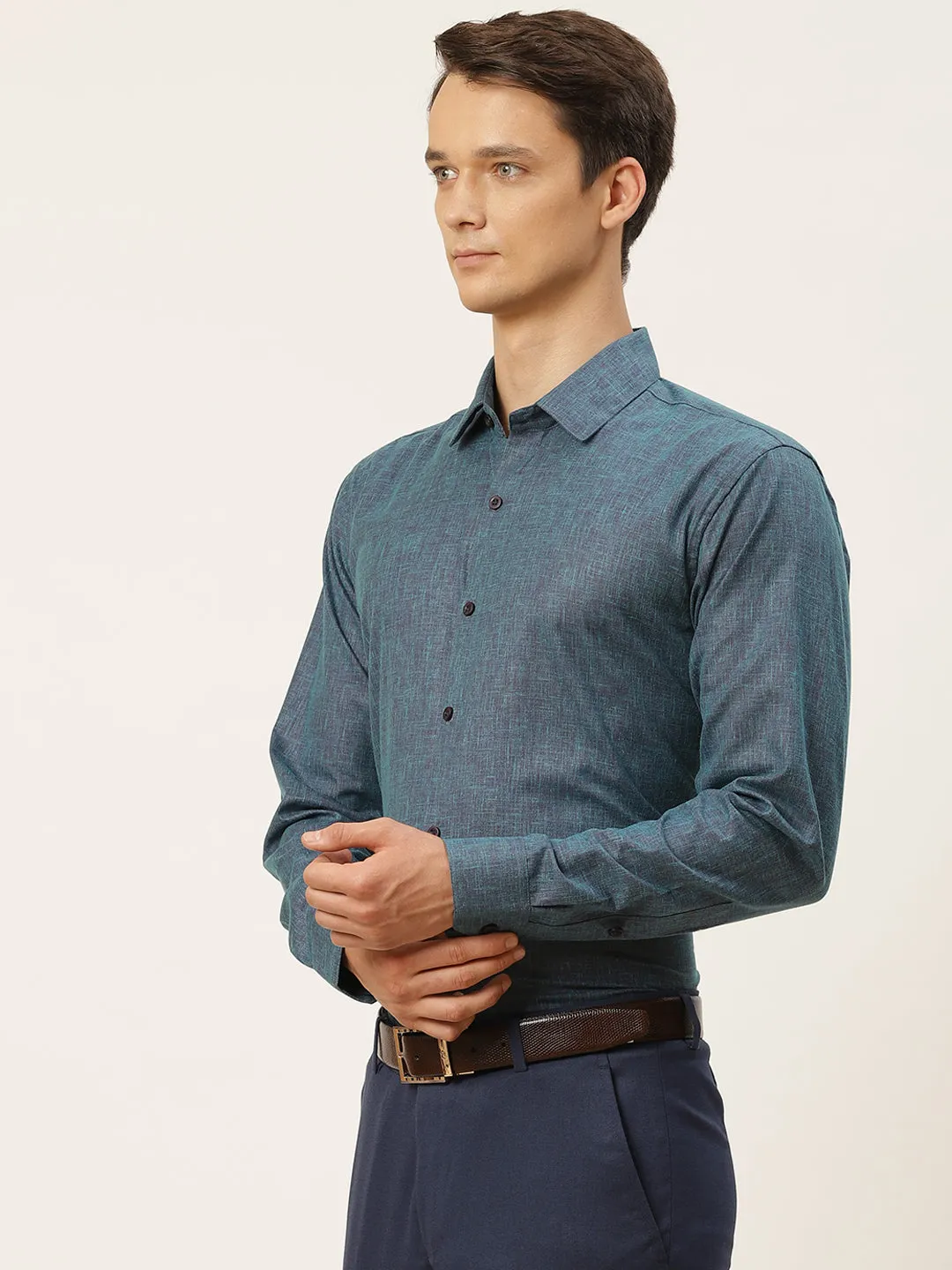 Mens Cotton Linen Teal Blue Solid Formal Shirt - Sojanya