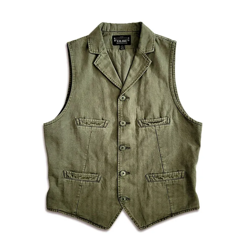 Men's Herringbone Cotton Slim Fit Suit Vest with Multi-pockets