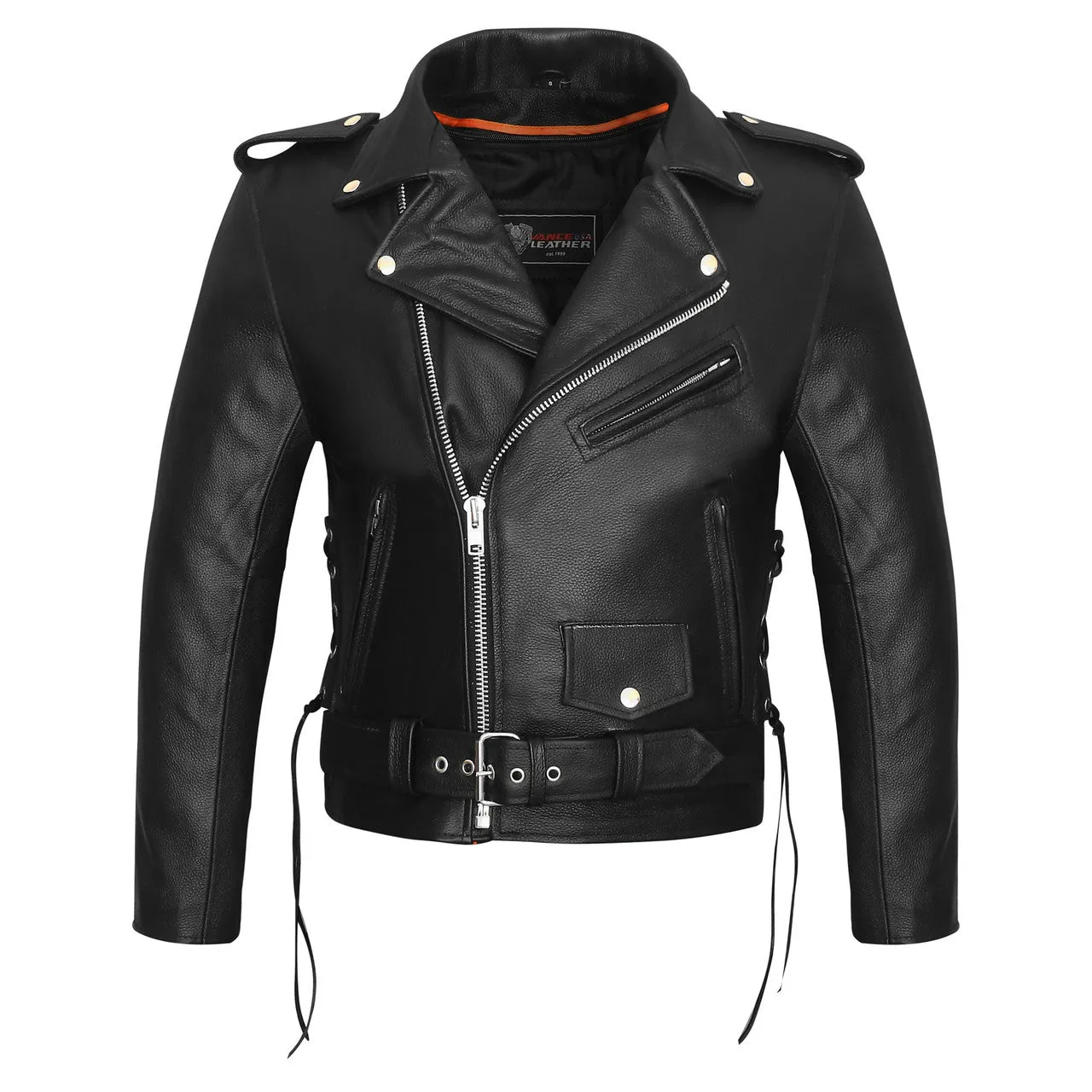 Men's Premium Classic Police Style Motorcycle Black Leather Jacket w/ Conceal Carry, Side lace and Removeable Quilted Liner