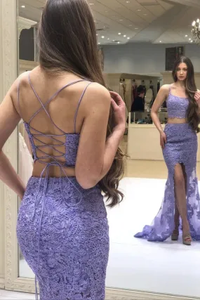 Mermaid 2 Pieces Purple Lace Long Prom Dress with Slit, Two Pieces Purple Lace Formal Dress, Purple Evening Dress