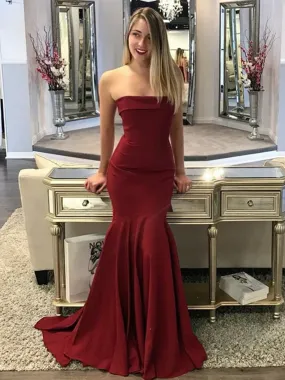 Mermaid Strapless Sweep Train Burgundy Elastic Satin Long Prom, Burgundy Mermaid Formal, Burgundy Evening