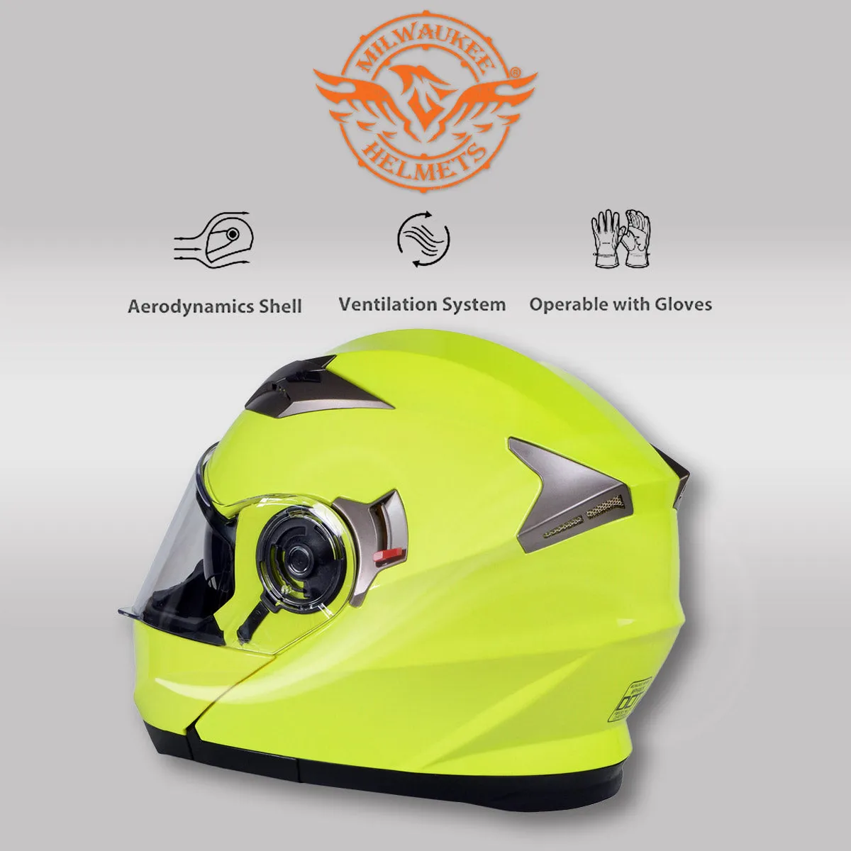 Milwaukee Helmets MPH9809DOT 'Ionized' Neon Yellow Advanced Motorcycle Modular Helmet for Men and Women Biker w/ Drop Down Visor