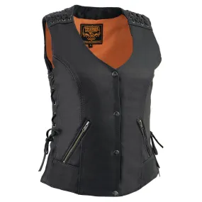 Milwaukee Leather MLL4525 Women's Black Leather Lightweight Lace to Lace Lower Zip Expansion Motorcycle Rider Vest