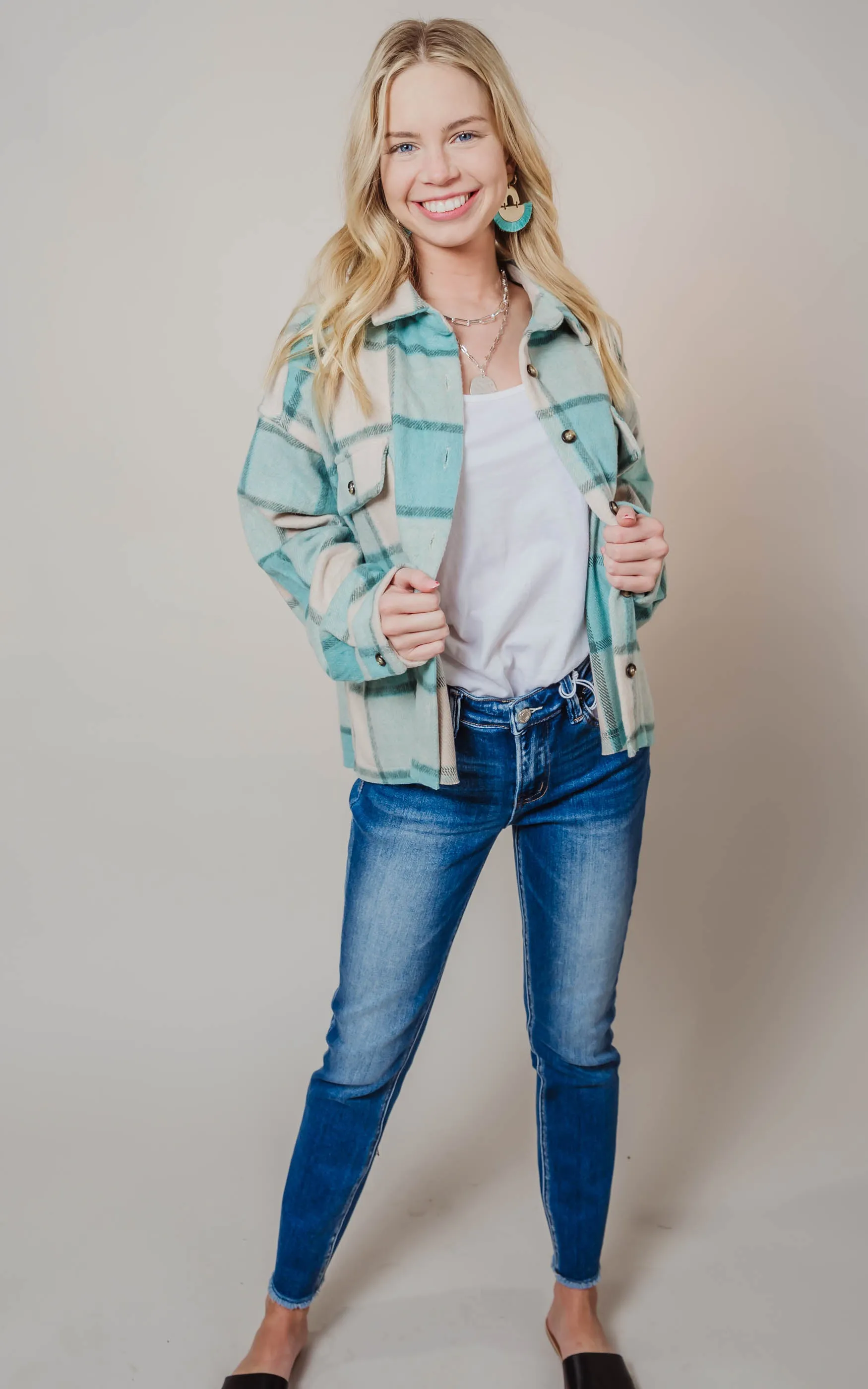 Mint Plaid Shirt Jacket - Final Sale