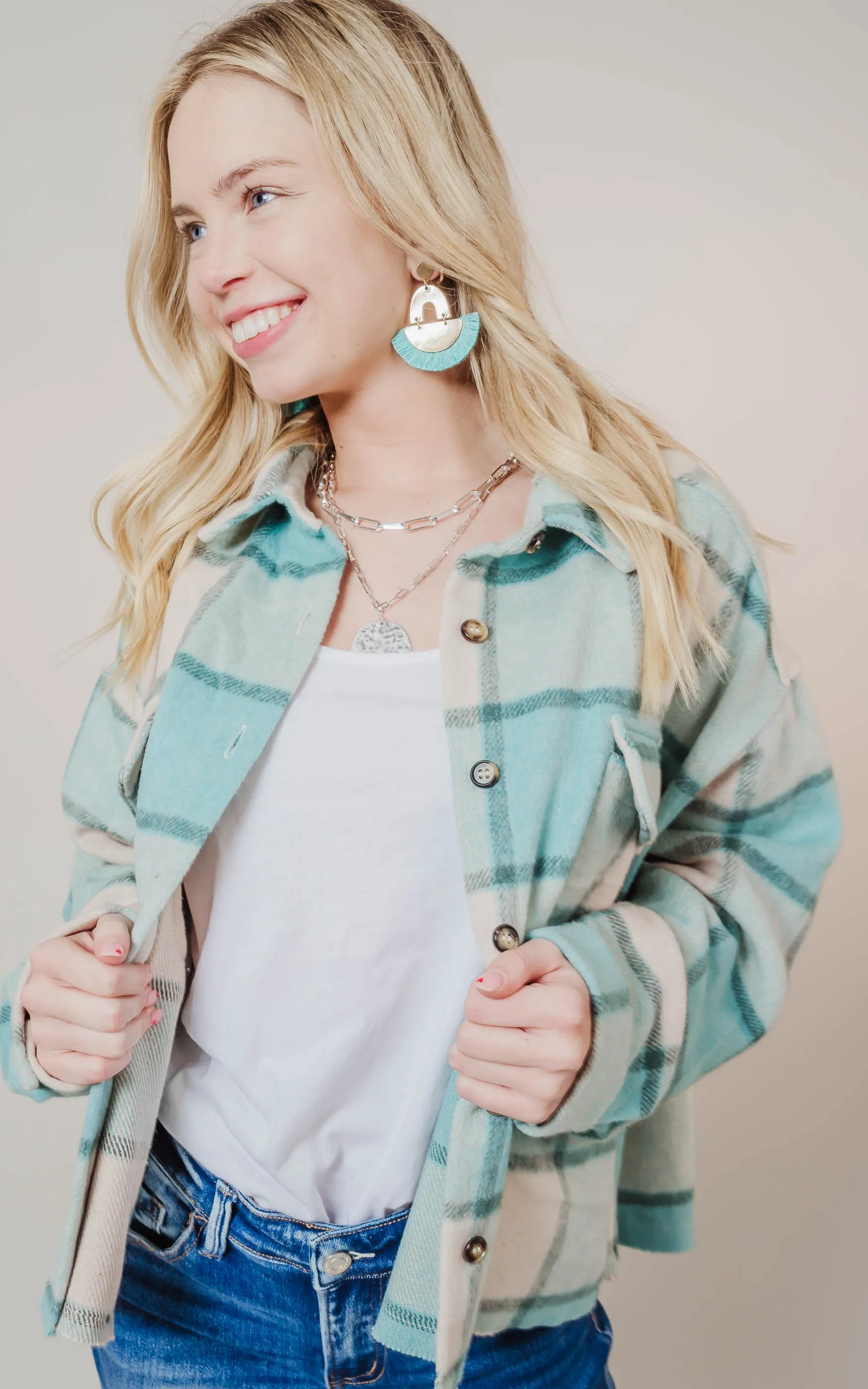 Mint Plaid Shirt Jacket - Final Sale