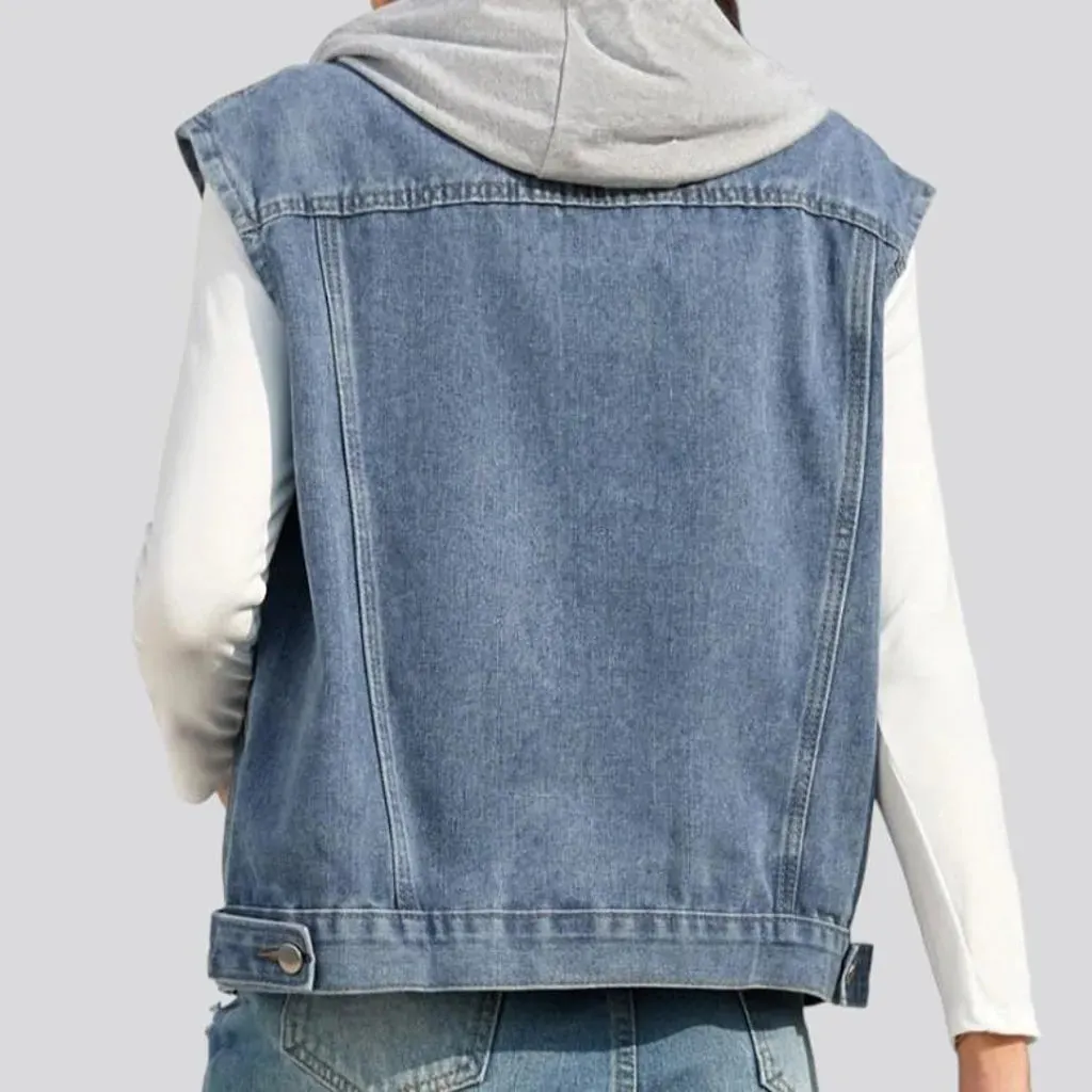 Mixed-fabrics hooded jean vest for women