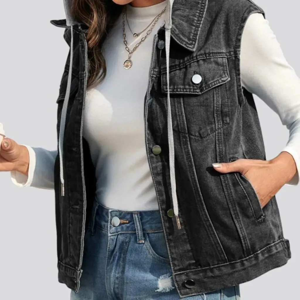 Mixed-fabrics hooded jean vest for women