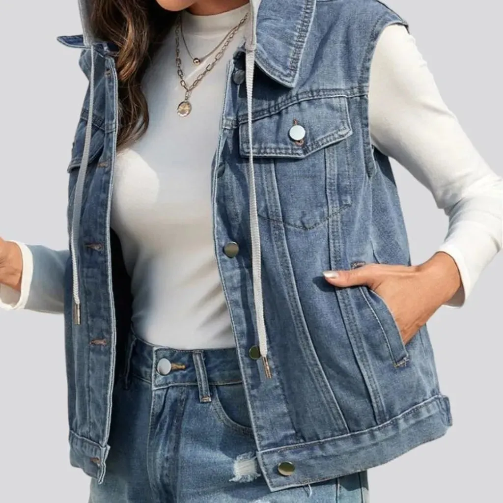 Mixed-fabrics hooded jean vest for women