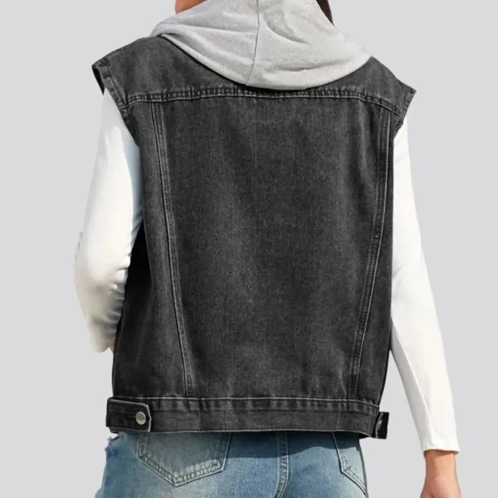 Mixed-fabrics hooded jean vest for women