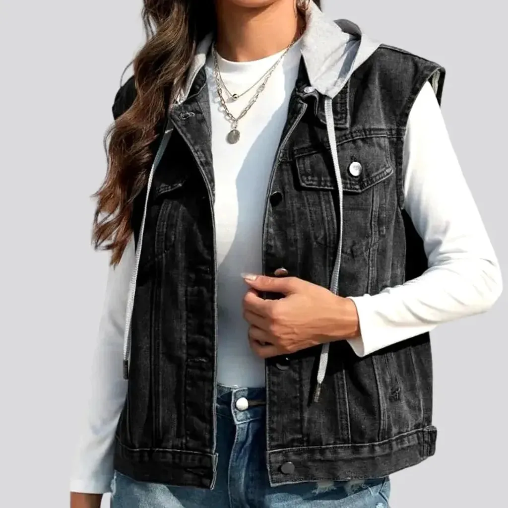 Mixed-fabrics hooded jean vest for women