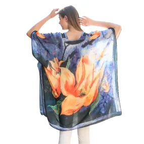 Navy Orange Lily Print Sheer Kimono