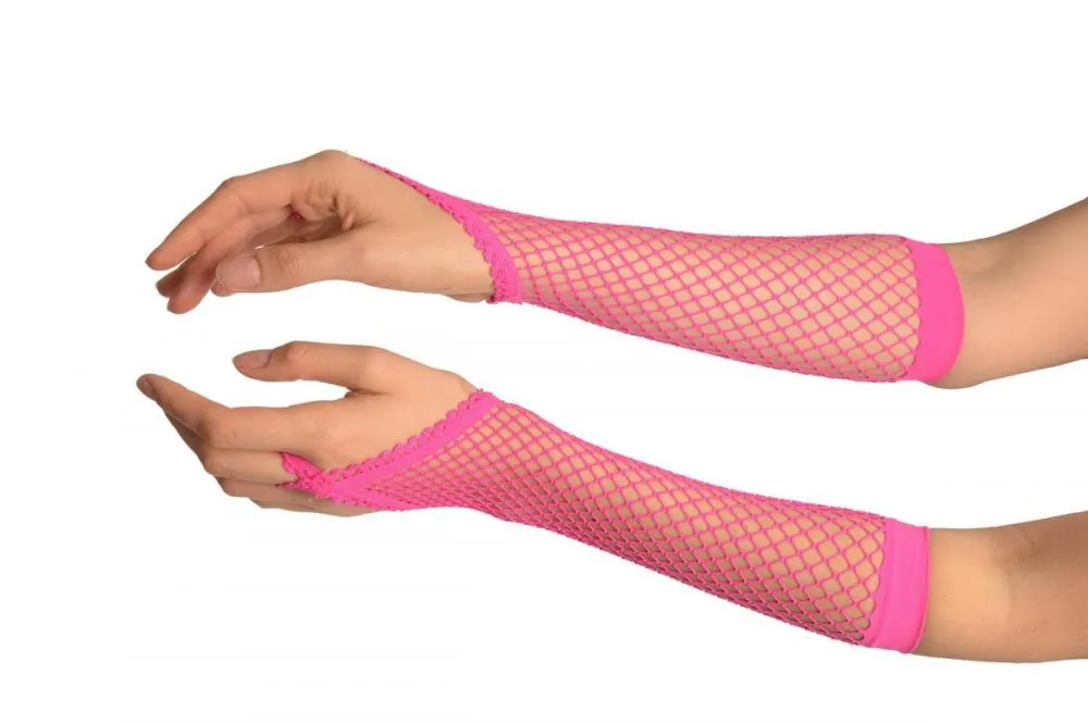 Neon Pink Finger Loop Fishnet Party Gloves