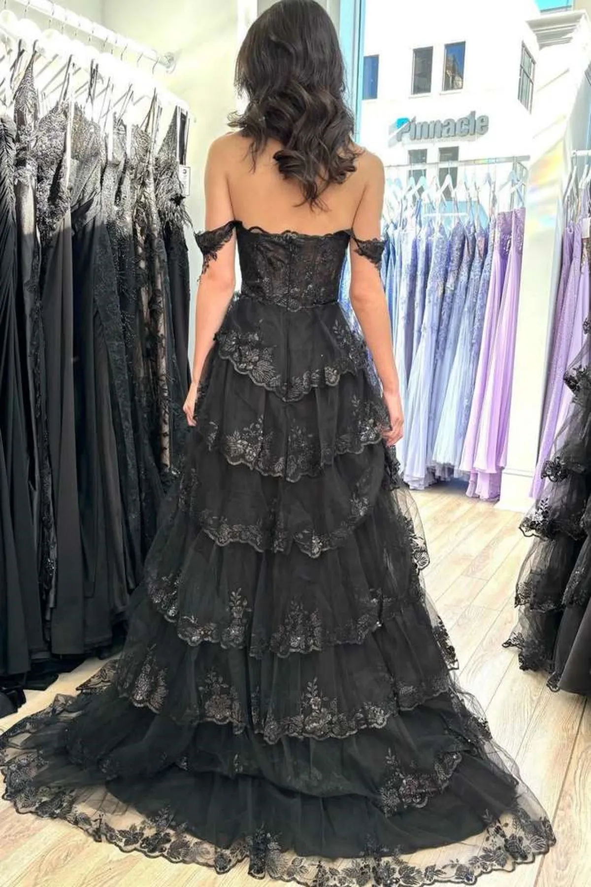 Off Shoulder Layered Black Lace Long Prom Dress with High Slit, Black Lace Formal Dress, Black Evening Dress A2180