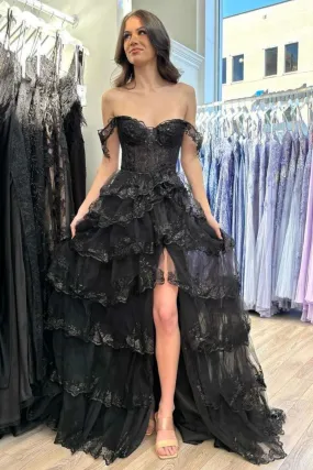 Off Shoulder Layered Black Lace Long Prom Dress with High Slit, Black Lace Formal Dress, Black Evening Dress A2180