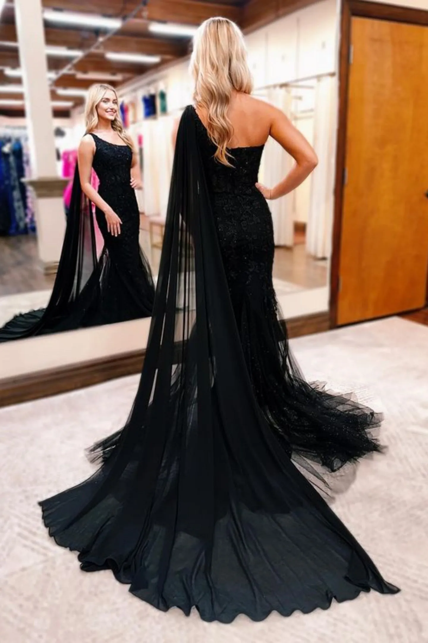 One Shoulder Mermaid Black Lace Long Prom Dresses with Train, Mermaid Black Formal Dresses, Black Lace Evening Dresses A2182