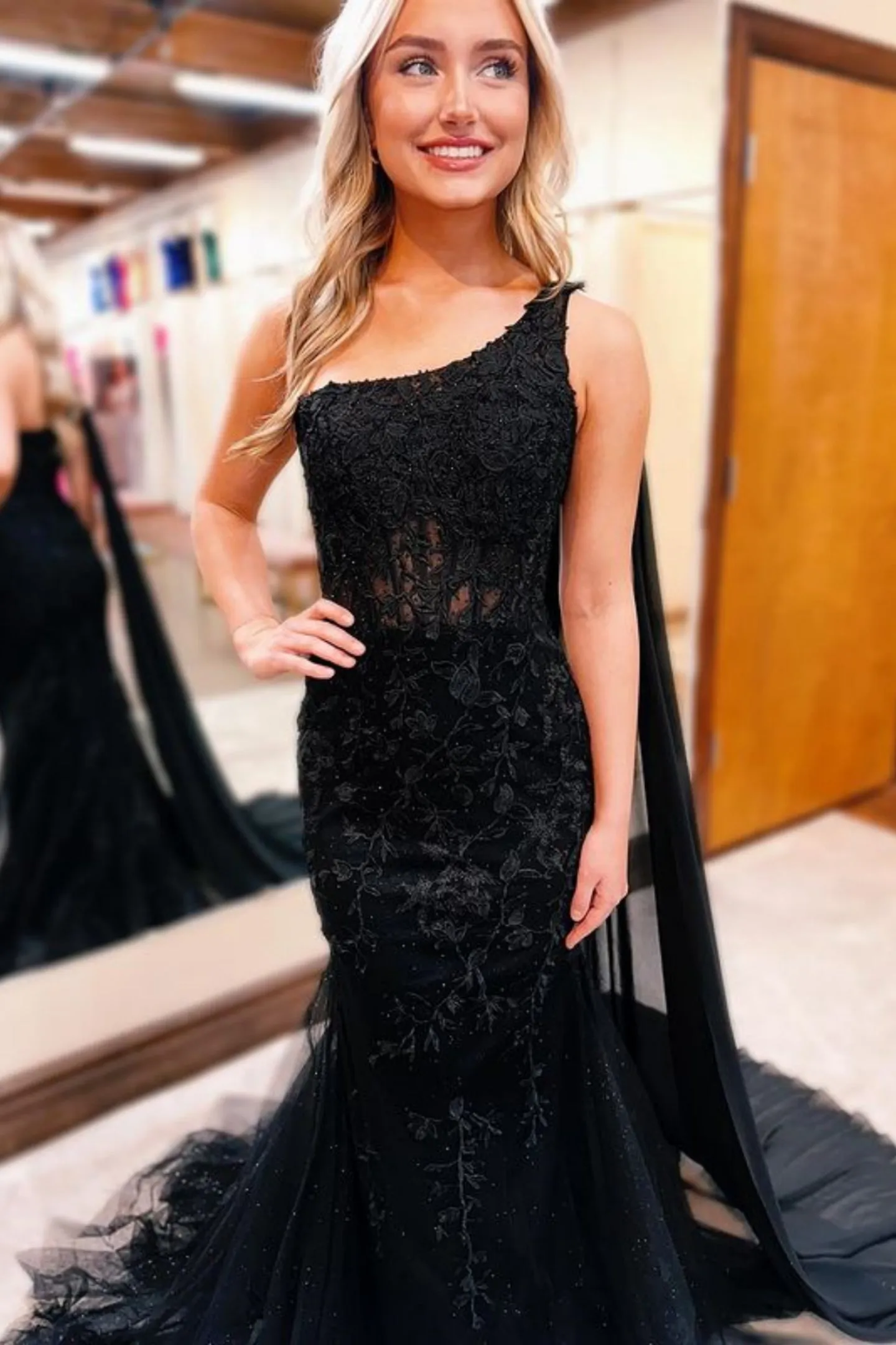 One Shoulder Mermaid Black Lace Long Prom Dresses with Train, Mermaid Black Formal Dresses, Black Lace Evening Dresses A2182