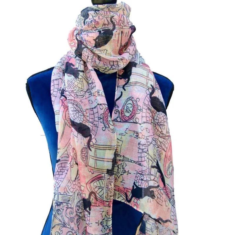 Pink & Peach Cafe Cats Scarf