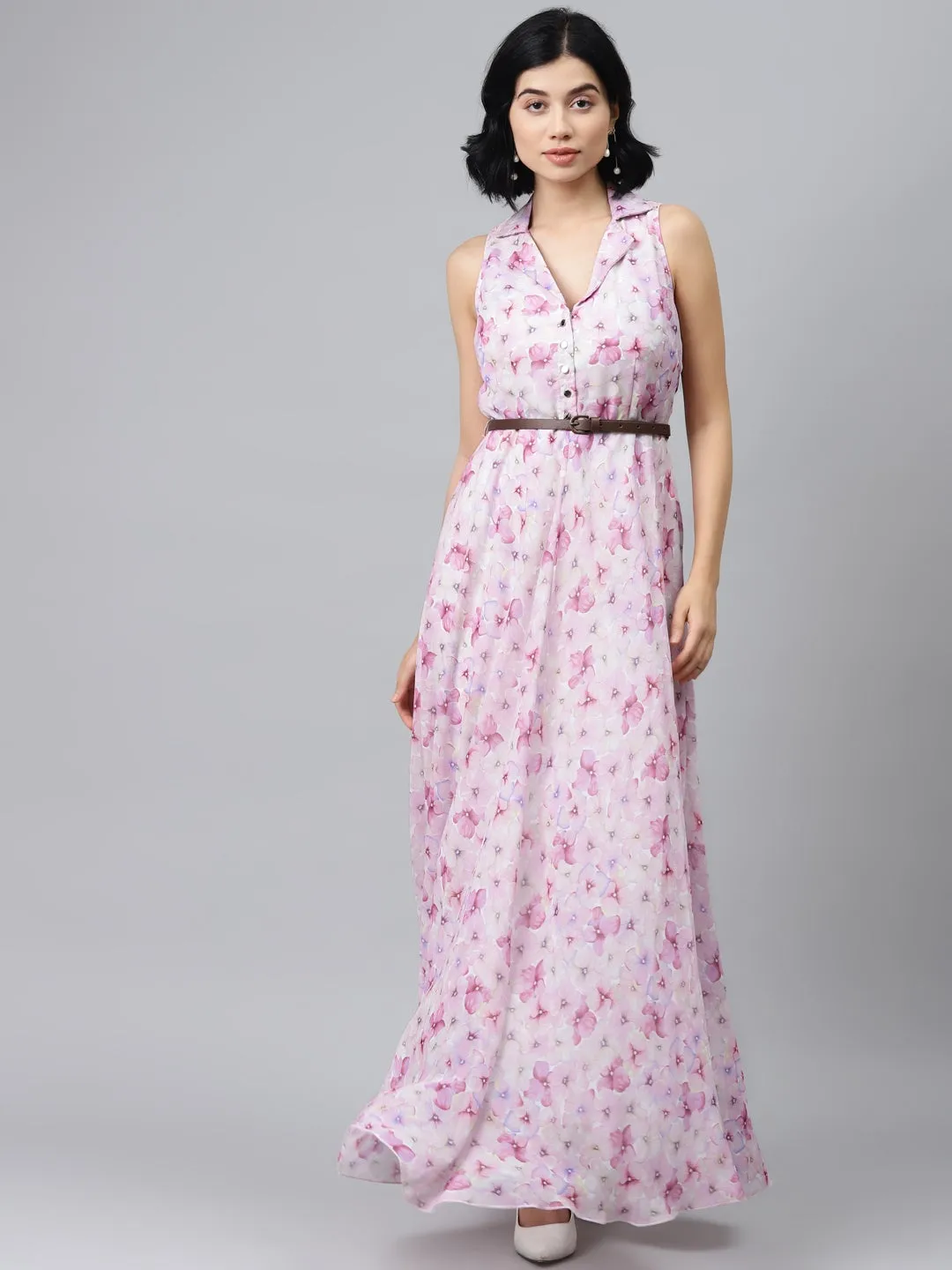 Pink Floral Notch Collar Maxi Dress