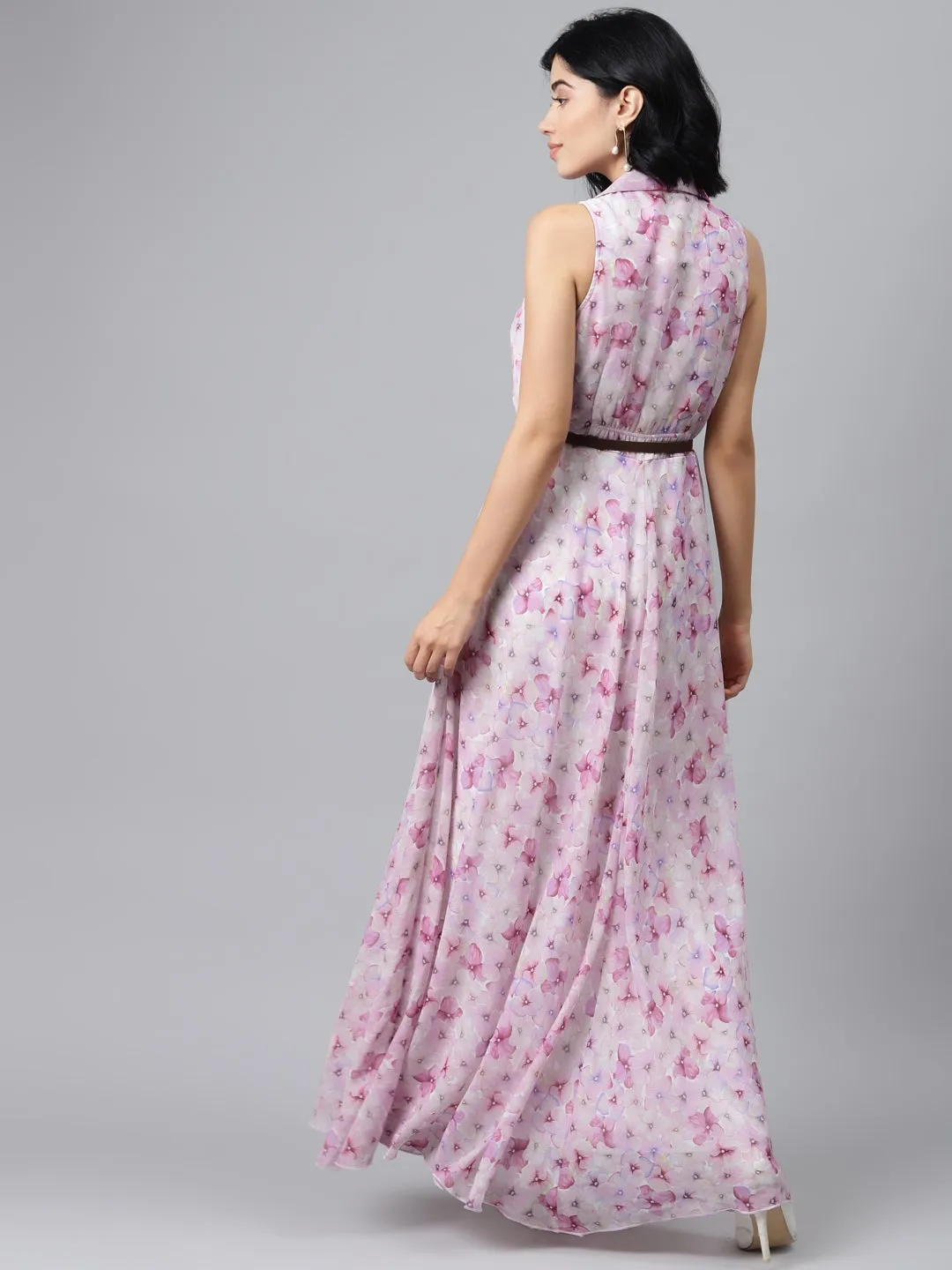 Pink Floral Notch Collar Maxi Dress