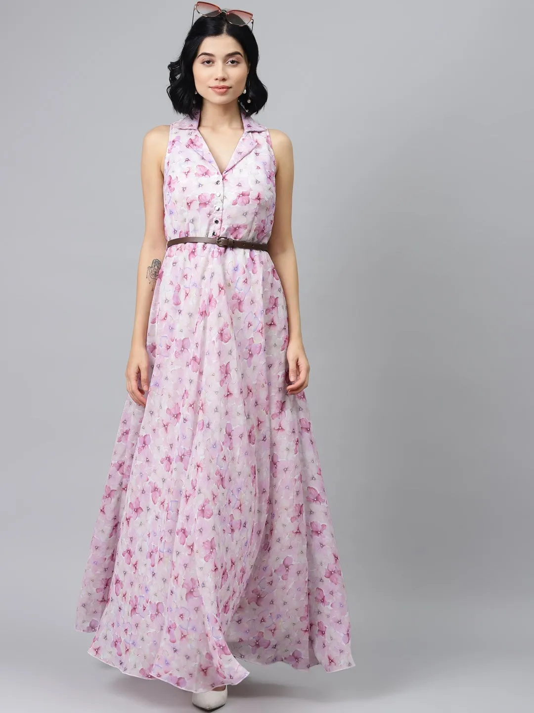 Pink Floral Notch Collar Maxi Dress