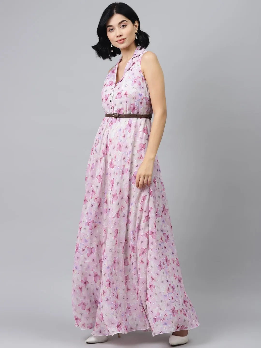 Pink Floral Notch Collar Maxi Dress