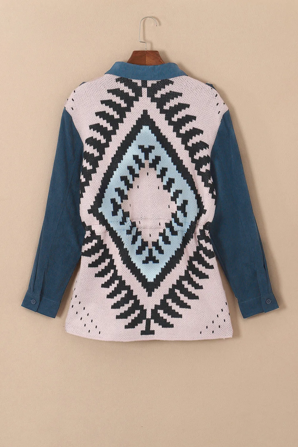 Plus Size Button Up Drawstring Long Sleeve Geometric Shacket