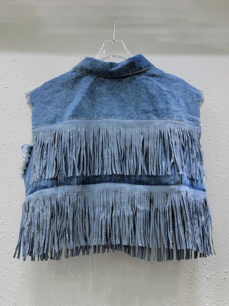 Pre Order:  Slimming Solid Casual Fringe Short Denim Vest