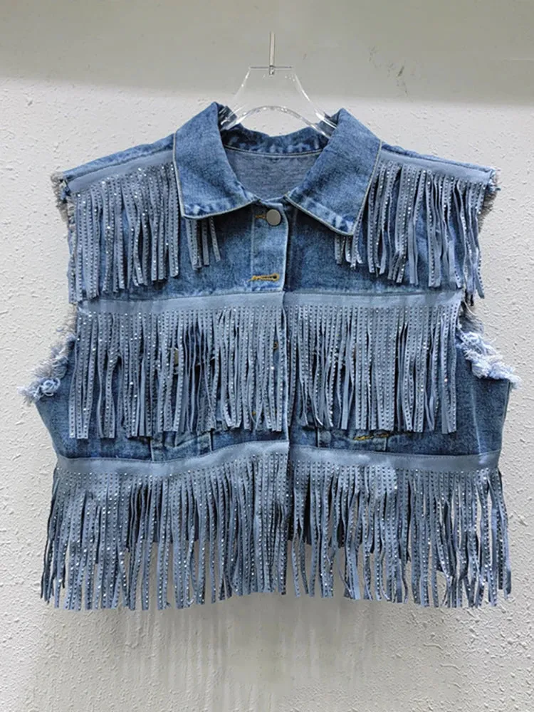 Pre Order:  Slimming Solid Casual Fringe Short Denim Vest