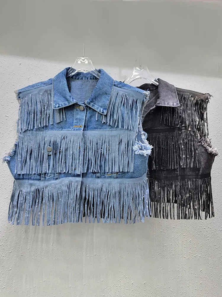 Pre Order:  Slimming Solid Casual Fringe Short Denim Vest