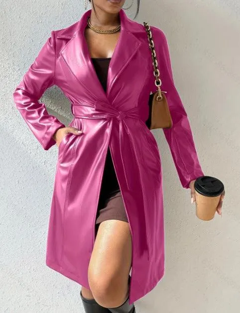 PU Long Sleeve Women's Slim Fit Long Trench Coat