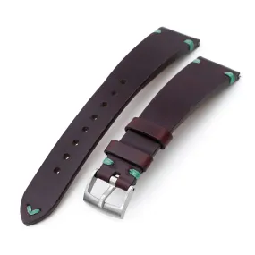 Q.R. 19mm, 20mm Burgundy Horween Chromexcel Watch Strap,Green Stitching